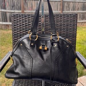 YSL Yves Saint Laurent Black Leather Bag with Gold Hardware Lock and Key